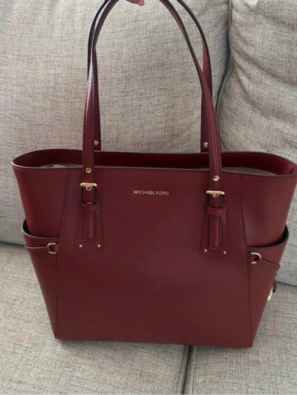 Michael Kors Wine Red Leather Tote with Gold Accents